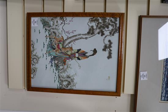 A Chinese famille rose He Xiangu plaque, late 19th century, 42cm x 35cm, later framed